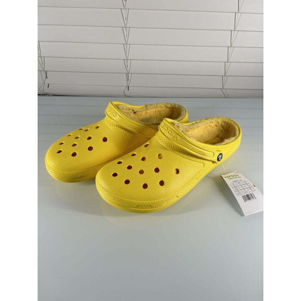 Crocs Men 13/Women 15 Classic Lined Clog Lemon Yellow Fuzzy Slippers Comfort